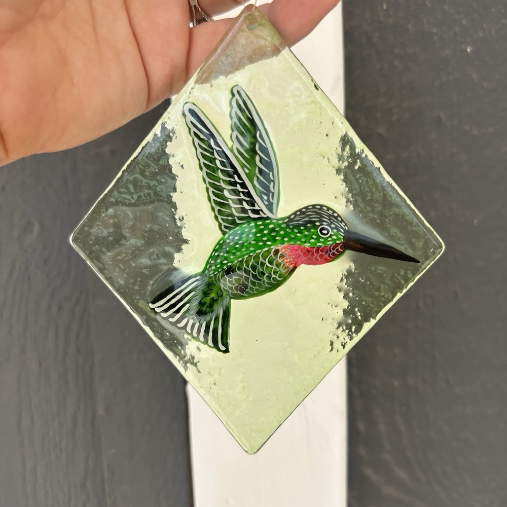 Vintage Hummingbird Suncatcher Stained Glass Diamond Window Hang Ruby-Throated